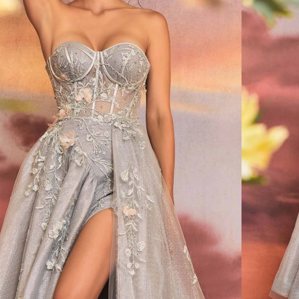 Strapless Silver Lace Appliqué Wedding Gown with High Slit